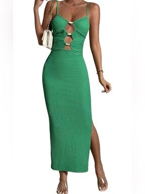 SHEIN Green Cutout Knit Maxi Dress with Ring Accents